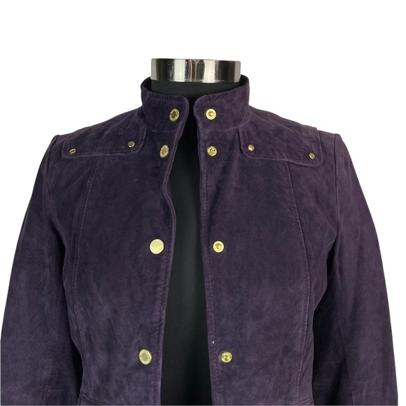 BERNARDO PURPLE SUEDE SNAP BUTTON STAND COLLAR RACING JACKET - Picture 7 of 16